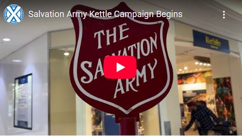 The Salvation Army logo on a Christmas Kettle.